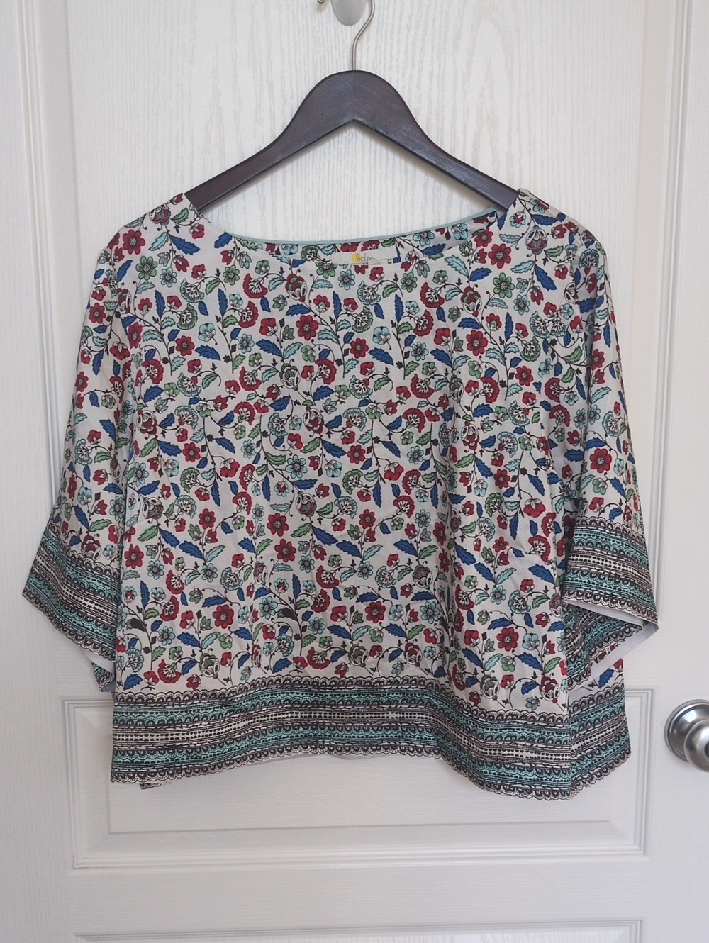 Boden Satin Flowy Top with Red, White & Blue Floral Print